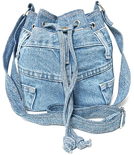 Upcycling Blue Denim Jeans Small Drawstring Crossbody Bag Bucket Pouch Sac Shoulder Handbag Purse