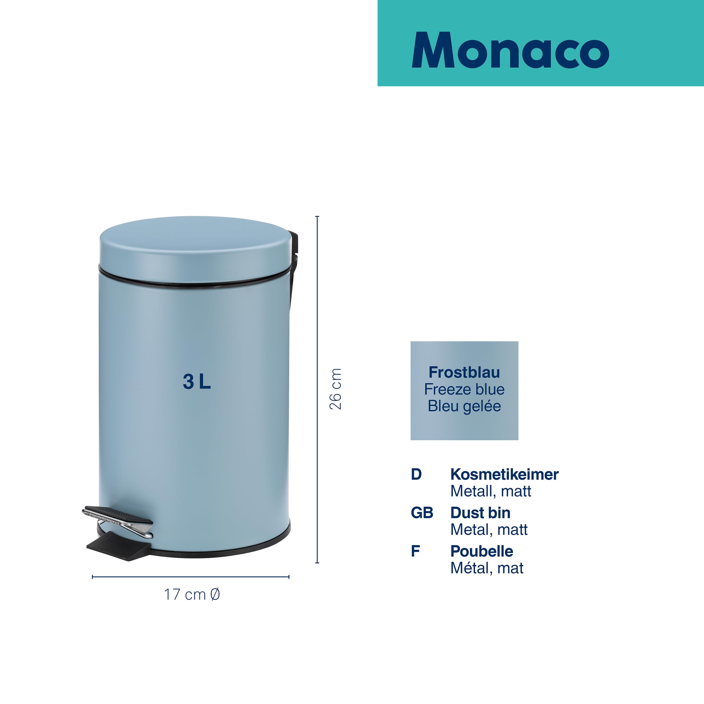 kela Cubo para cosméticos azul 3 l, cubo de basura con pedal de metal para el baño, cubo de basura para el baño con cubo interior y asa de transporte, MONACO, azul hielo mate