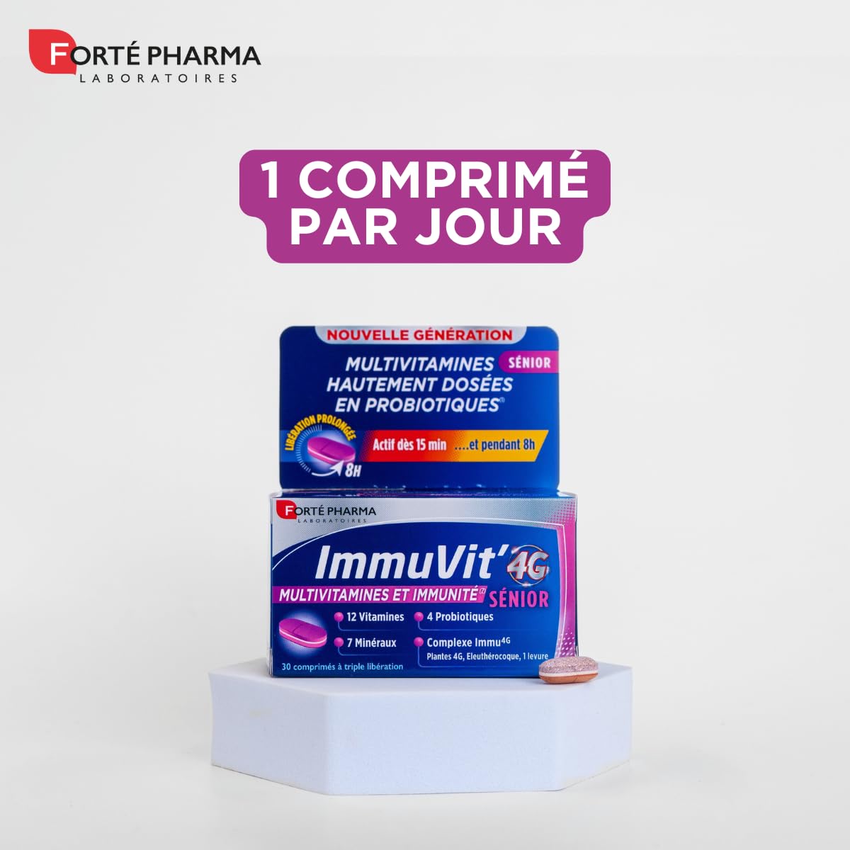 Forté Pharma - Immuvit'4G Sénior - Complément alimentaire Vitalité, Immunité, Fatigue oculaire - 12 vitamines, 7 minéraux, 4 Ferments - Magnésium, Myrtille, Luthéine - 60 comprimés Tri-couches, 1/jour