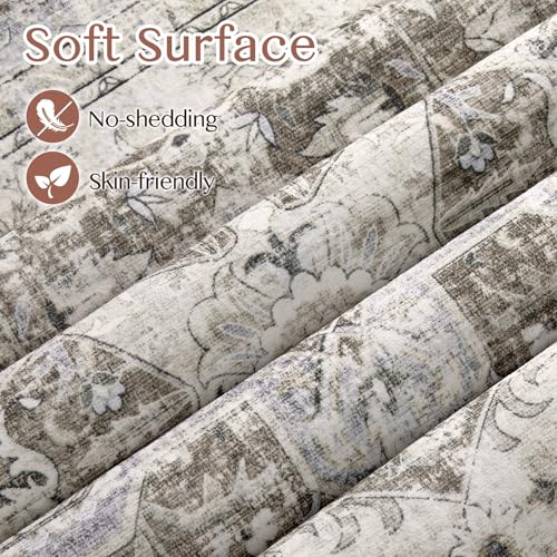 Tortania 8' Round Area Rug Living Room Rugs - Washable Boho Rug Vintage Oriental Distressed Farmhouse Large Thin Indoor Carpet for Bedroom Under Dining Table Home Office - Brown Blue