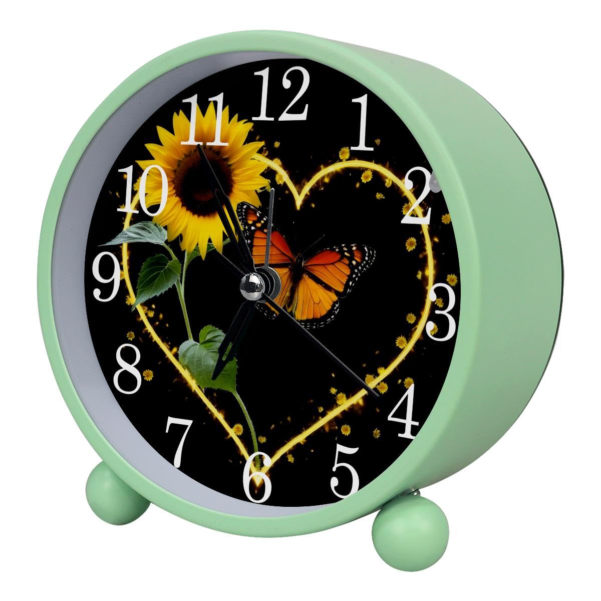 Alarm Clock Hearts Shaped Sunflower, Silent Non-Ticking with Night Light