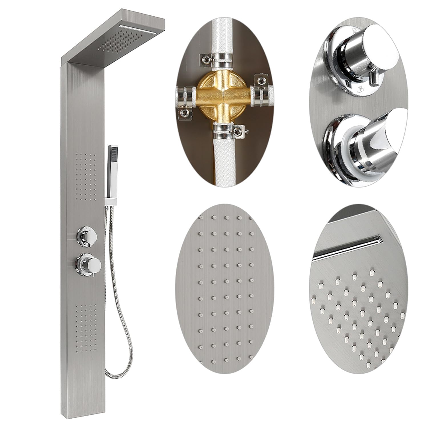 MUL-BOUTICA Columna de Ducha Hidromasaje Termostática Ajustable Con Temperatura y Flujo de Agua, Sistema Con Cascada (Plata-1,S2)