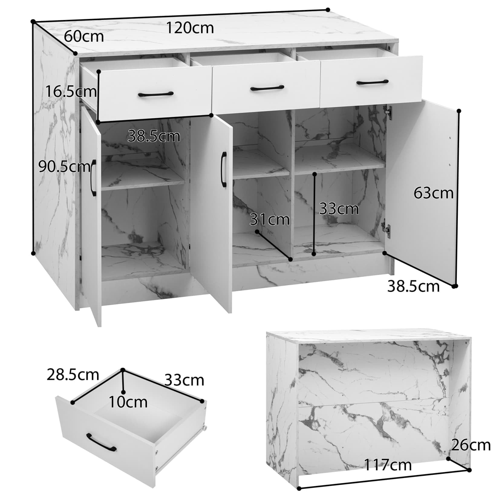 PUGSDRLY Îlot Central Cuisine au Design Marbré avec Table Bar,Étagères Réglables,3 Tiroirs Silencieux,Buffet Meuble Cuisine pour Salon et Salles à Manger (D- Marbre Blanc)