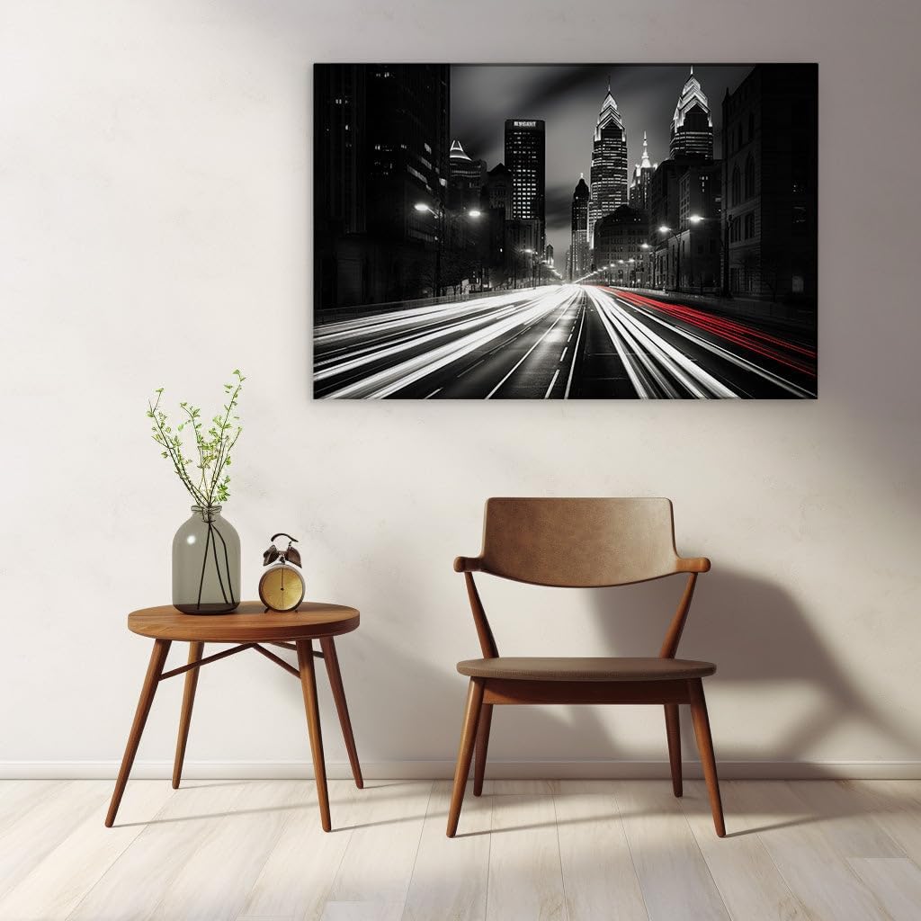 Canvas for Living room. Illuminated Velocity: Light Trails and Urban Majesty in Monochrome Night, 27 x 18 inch Canvas Wall Art - Ready to Hang