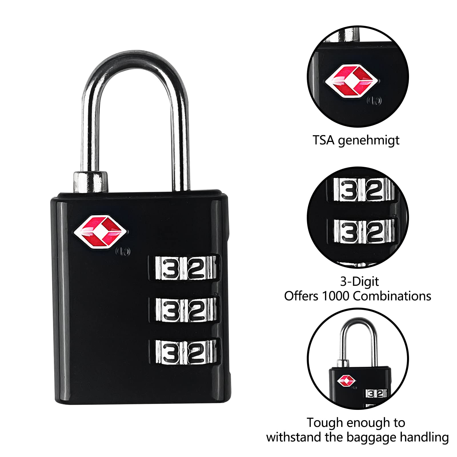 Avec Code Chifé 3 S-Sil, Approuvé TSA - Cadenas De Voyage Pour Valises Sacs A Dos Tente Noir