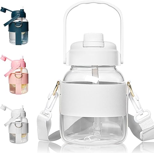 Kytffu Botellas de agua de vidrio de 32 onzas con pajilla y correa 100 a prueba de fugas botella de vidrio motivacional para beber a diario