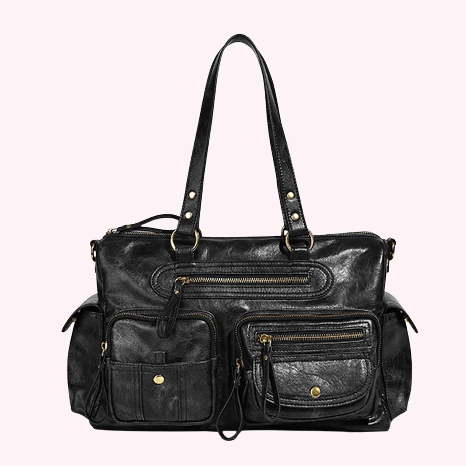 Borsa a tracolla da donna in PU stile anni '90 con tasche multiple borsa retrò con cerniera a tracolla per viaggi, nero+marrone