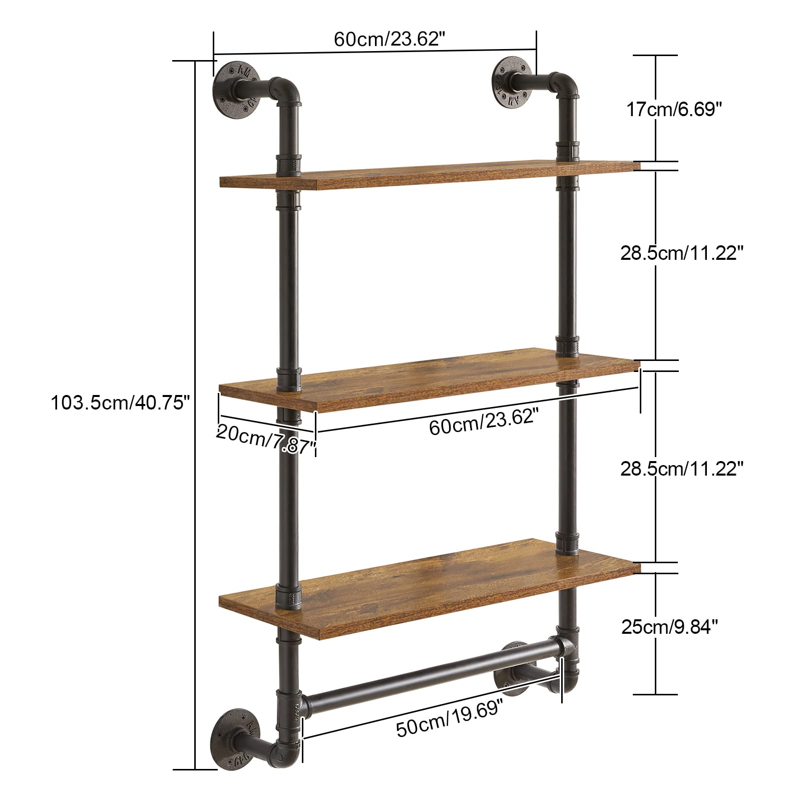 YMYNY étagère Murale à Tuyau Industriel 3 Couches, étagère de Rangement Antique, étagère Flottante, étagère Murale, étagère à épices de Cuisine, Chambre à Coucher, Salon, Salle de Bain HD-HRF-TM015