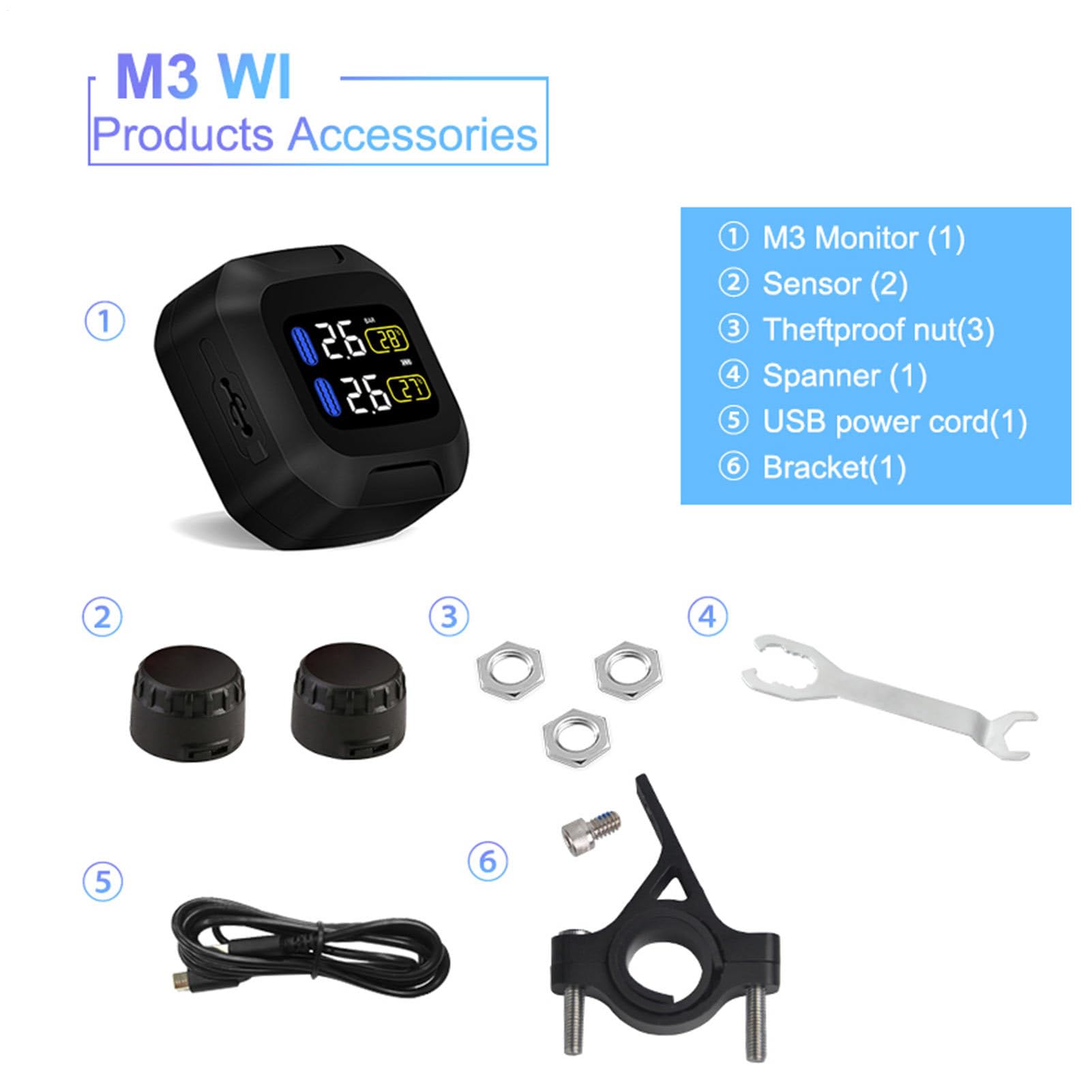 Motorrad-Reifendruckkontrollsystem M3, super wasserdichter Sensor mit Sonnenschutz, Echtzeitwarnung für Sicherheit, einfache Installation, Reitzubehör für Fahrräder und Roller