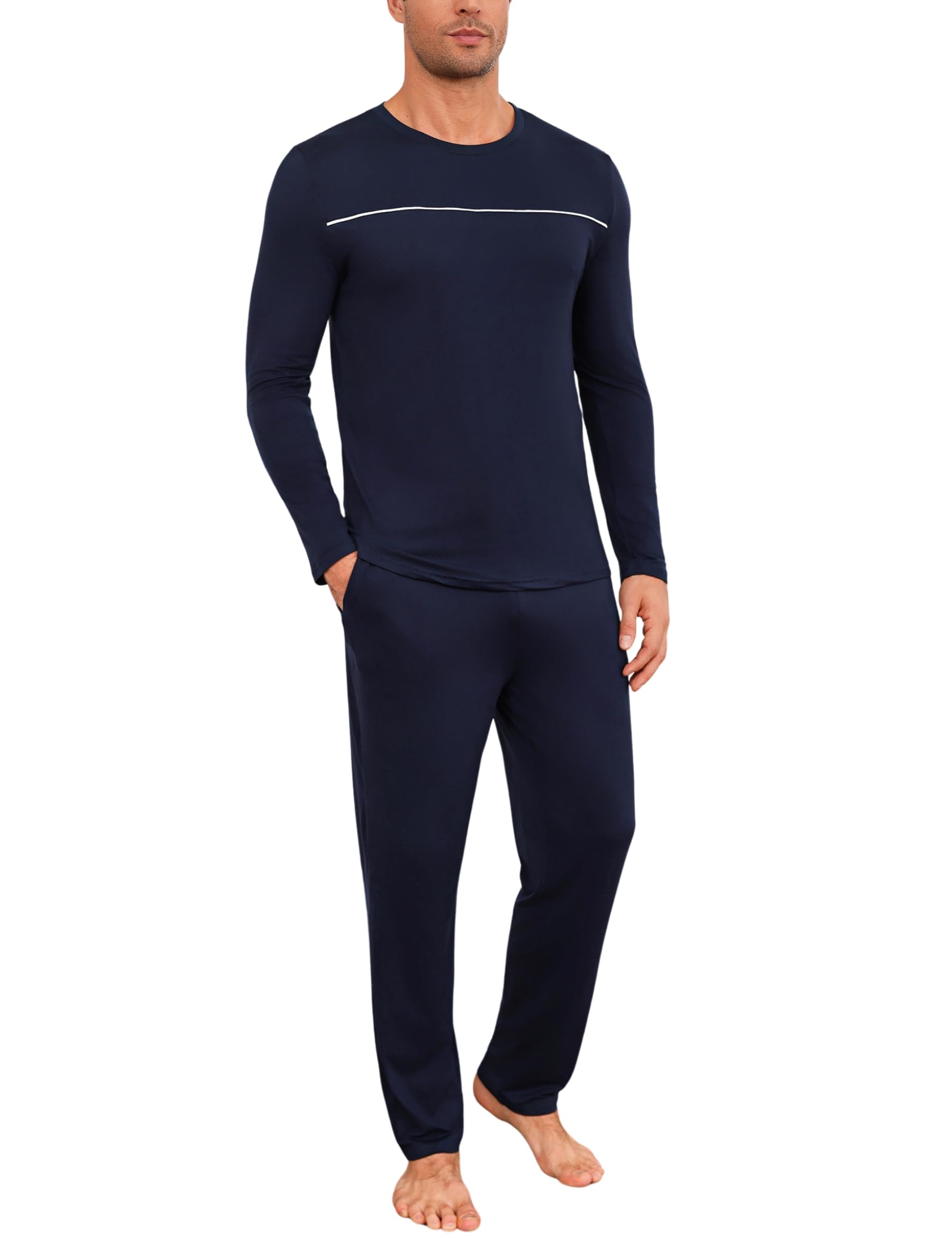 Marvmys Mens Pyjama Set Long Sleeve T-Shirt & Bottom Pants With Pockets Soft 2 Piece Casua...