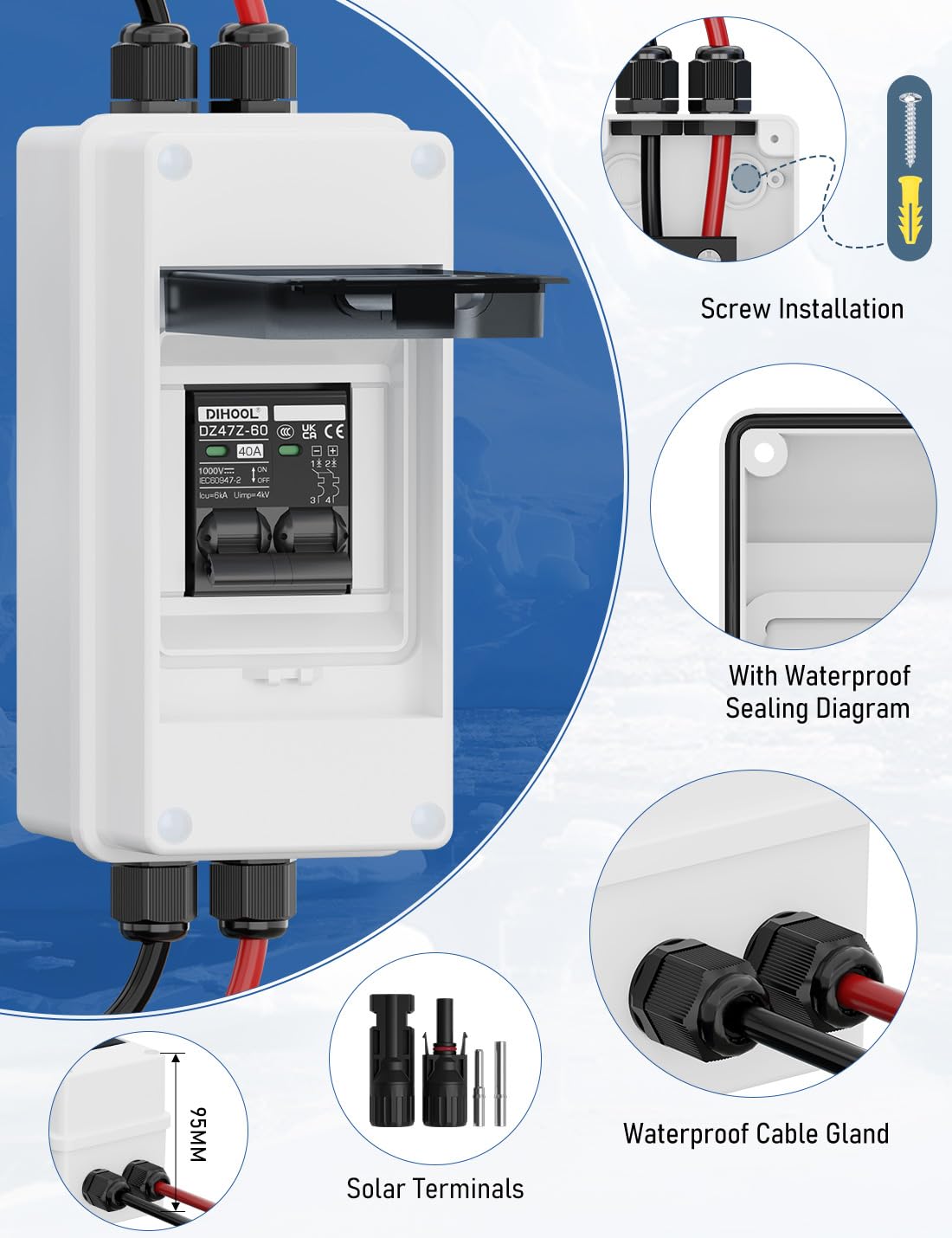 DIHOOL 40A 1000V interruptor de protección de circuito DC disyuntor de protección fotovoltaica con carcasa IP65 impermeable conector solar cable para instalaciones solares