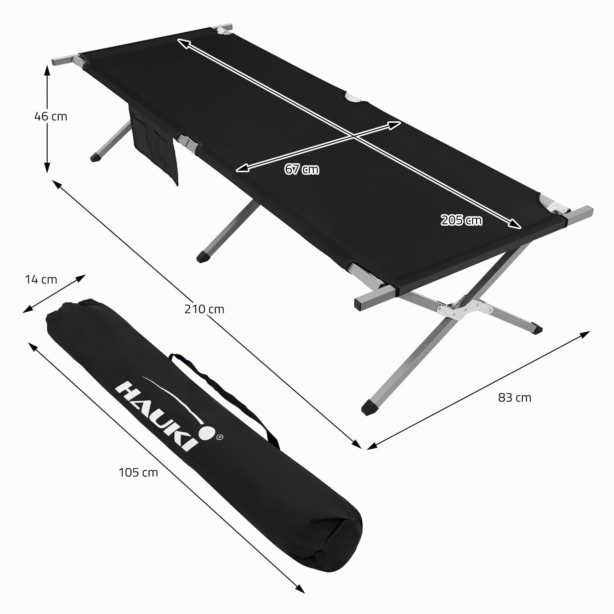 Hauki Brandina da Campeggio Pieghevole Nero 210x83x46 cm Letto per Ospiti Portatile XL con Borsa per il Trasporto Lettino da Campeggio Tubo in Metallo Capacità di Carico fino a 150 kg Outdoor