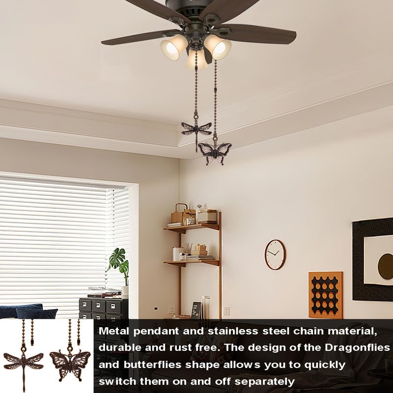 Image of 2Pcs Dragonfly and Butterfly Ceiling Fan Pull Chain, 14inch Fan Light Extender Pendant Ornaments Extension,Red Bronze Pull Chain