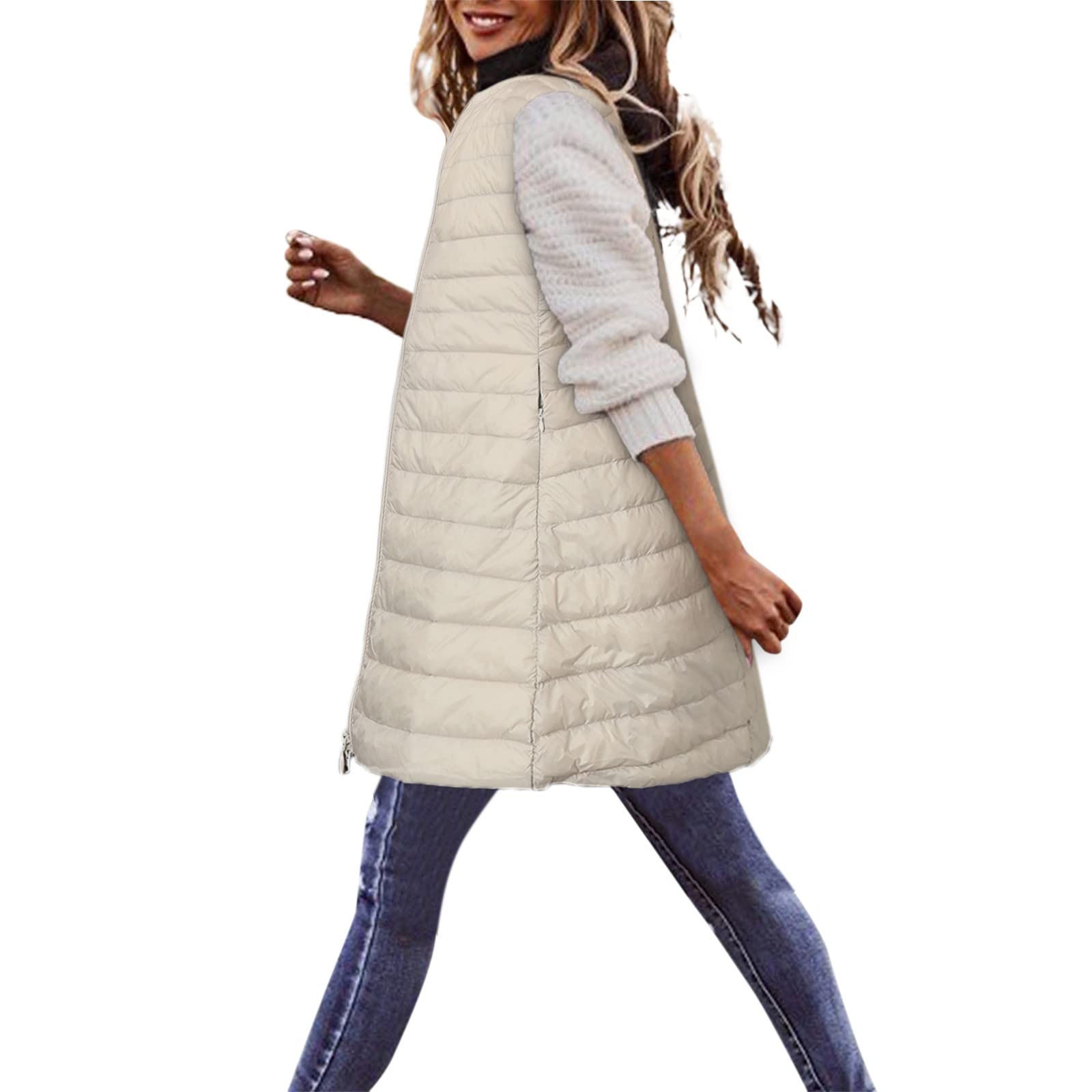 Generisch Piumino da donna, taglie forti, lungo, invernale, sottile, leggero, con tasche per esterni (beige, XL)