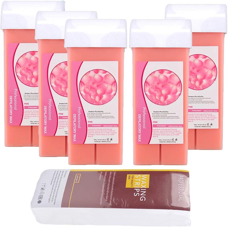 iMeshbean Cera Roll-on para Depilação com Fragrância de Lavanda, Pacote com 5 Cartuchos e Papel para Cera, 500 g, Rosa
