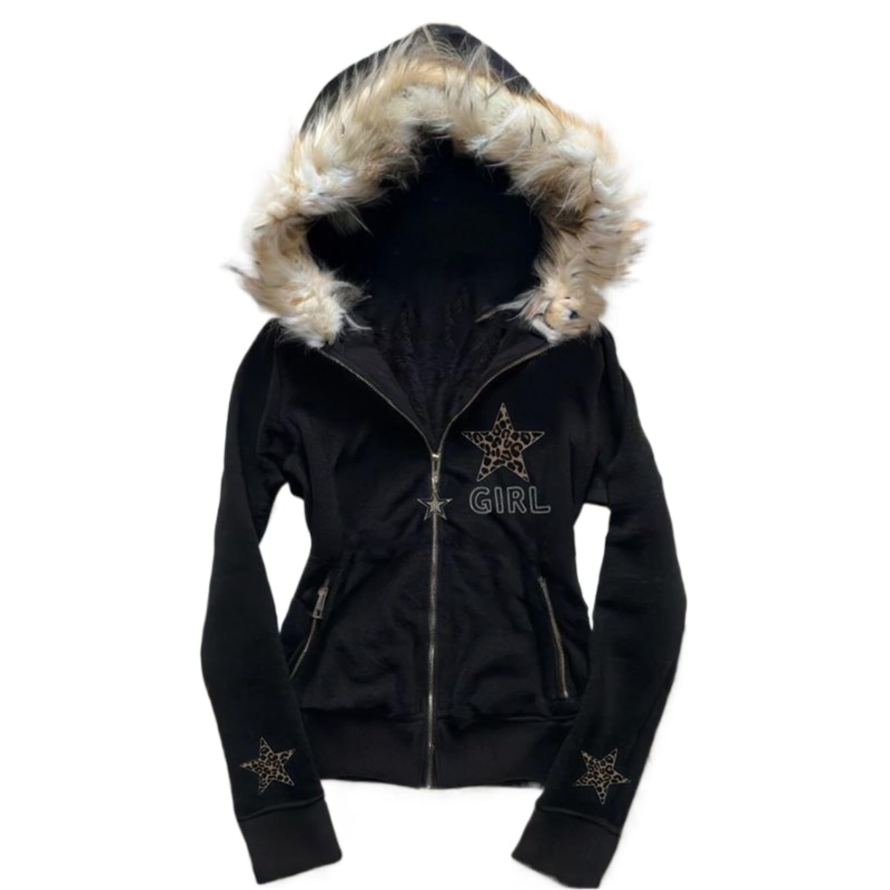 QJK Black Star Fur Zip Up Hoodie Jacket Y2K Faux Fur Lined Hooded Coat Streetwear Leopard Star Embroidery