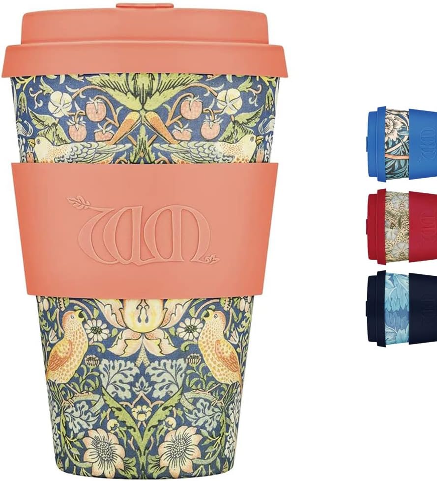 14oz 400ml William Morris Reusable Eco-Friendly 100% Plant Based Coffee Cup - Melamine Free & Biodegradable Dishwasher/Microwave Safe Travel Mug, Strawberry Thief