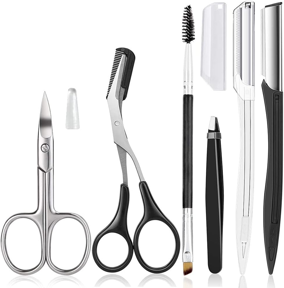 Eyebrow Trimmer Kit, 6 in 1 Eyebrow Scissors, Tweezer, Eyebrow Razor, Shaping Scissors & Brush for Women