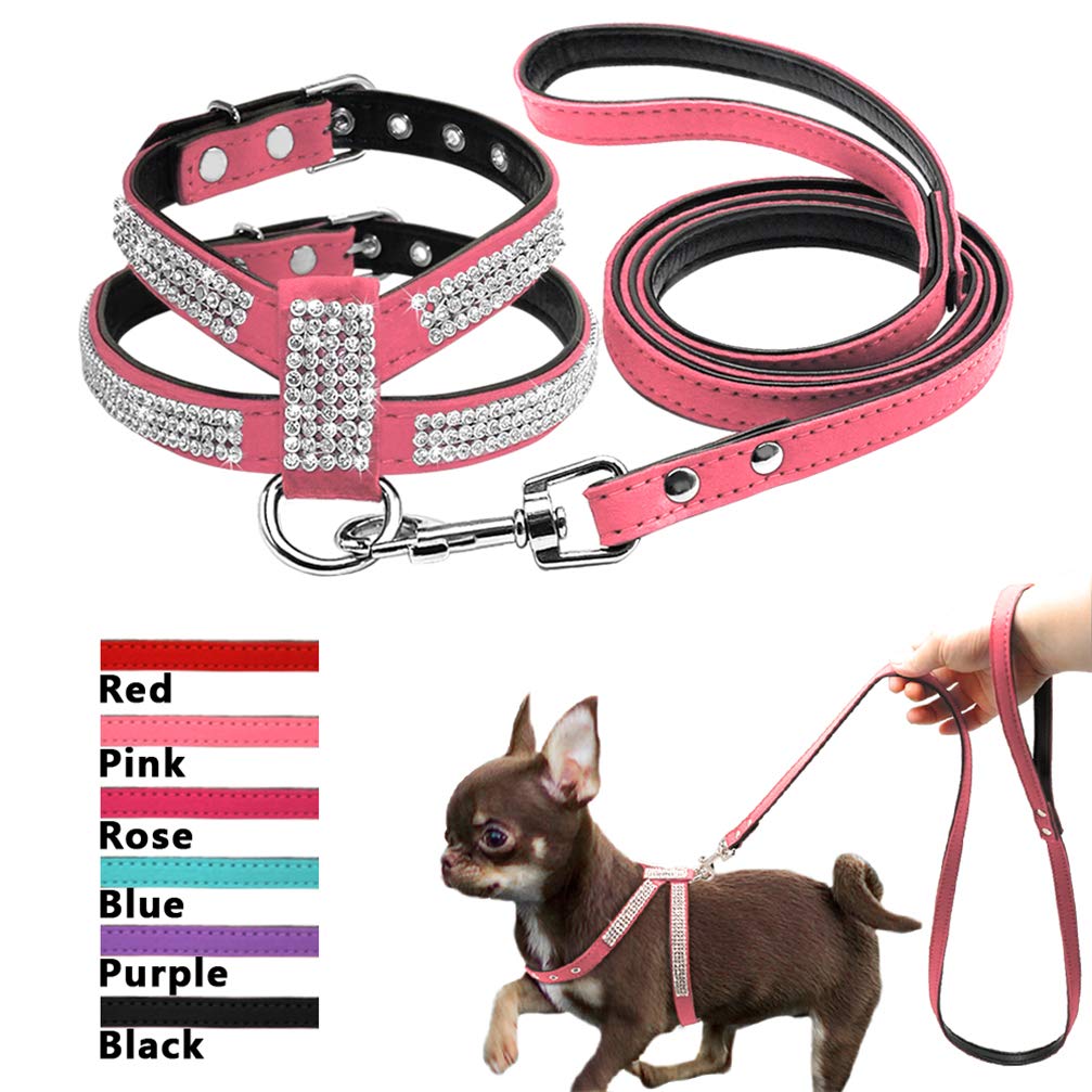 Kuntrona Small Dog Harness and Leash Set Suede Leather Rhinestone Pet Harnesses and Walking Leads for Small Medium Dogs Chihuahua Blue M