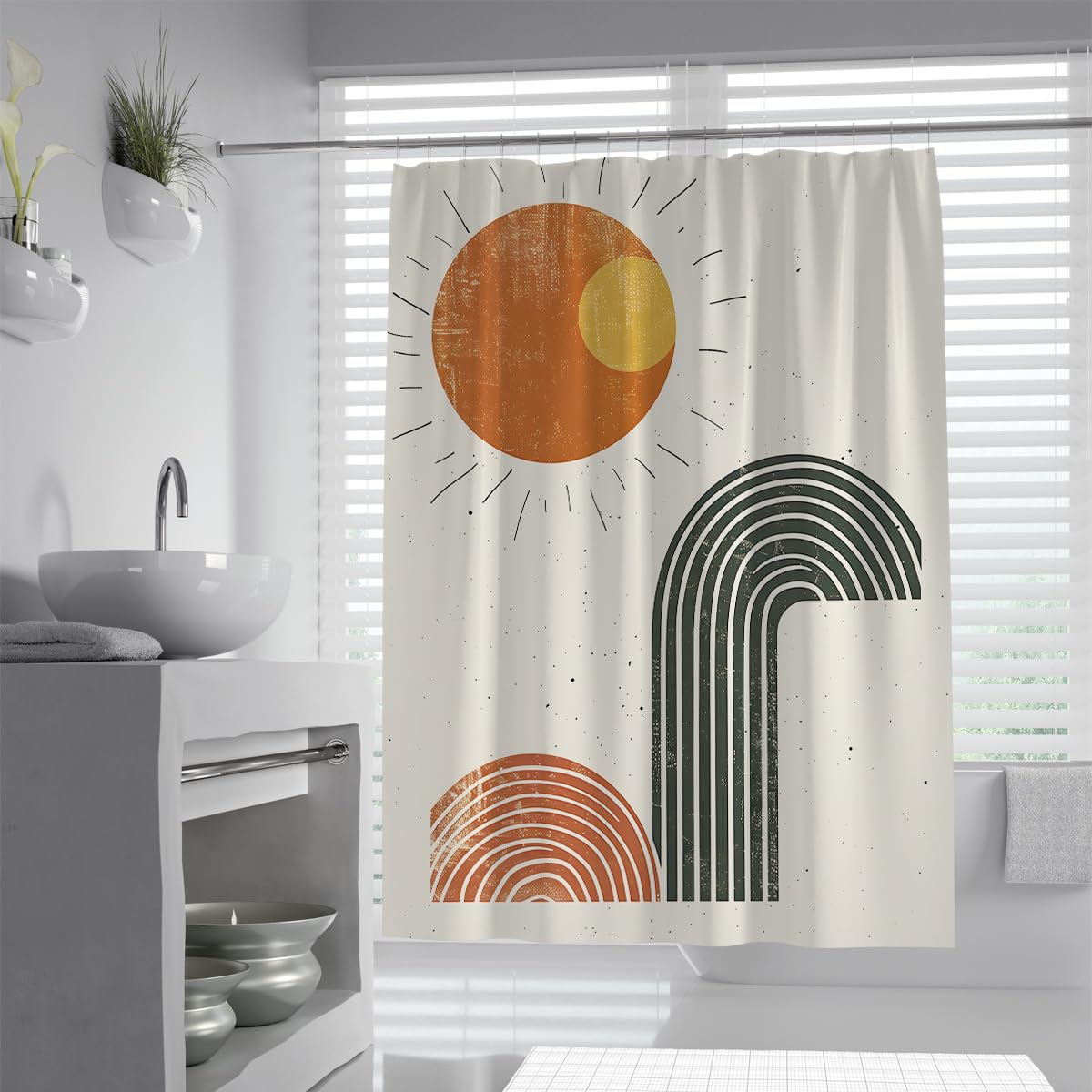 Uiringart Shower Curtains Terracotta Boho Geometric Sun W180xl200cm Abstract Line Art Mildew Resistant Waterproof Bath Tub Curtain Decor With Hook
