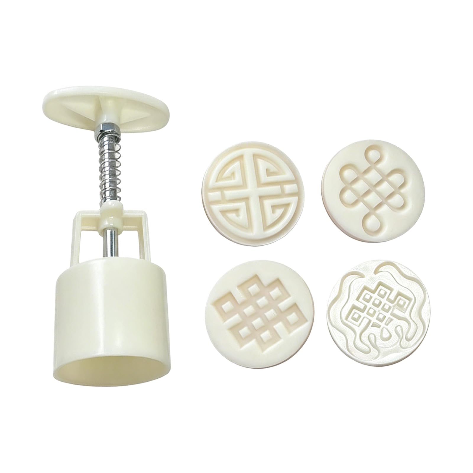 PANGBOER Chinese Knot Pattern Moons Cake Molds Set with 4 Interchangeable ABS Press Easy to Clean Baking Pastries Tool Family Baking Set