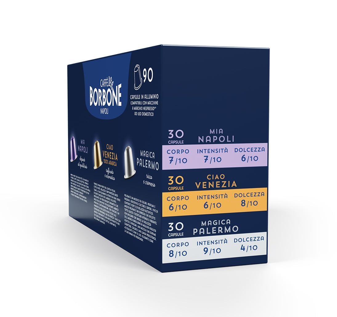 Caffè Borbone Kit de Dégustation 90 Capsules en Aluminium: 30 Mia Napoli, 30 Ciao Venezia, 30 Magica Palermo - 30 paquets de 30) - Compatibles avec les machines à café à usage domestique Nespresso*