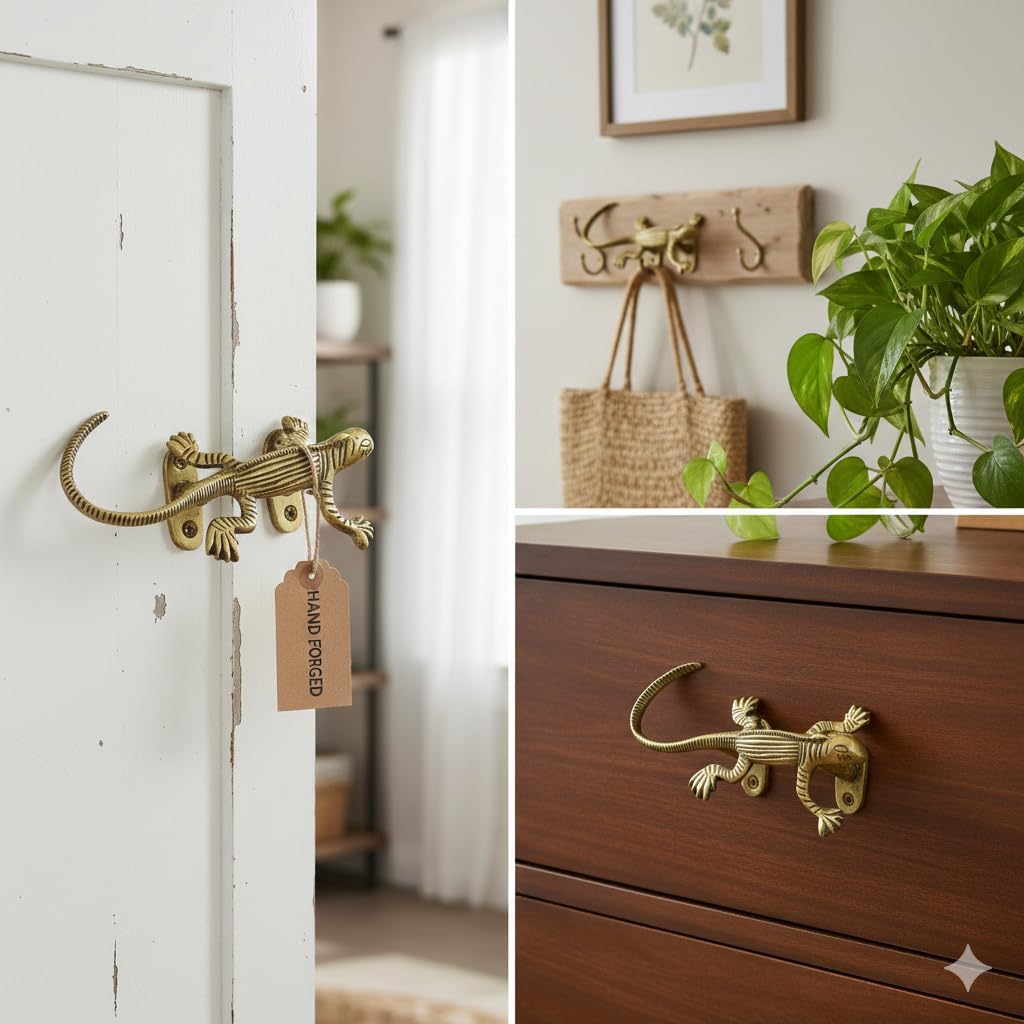 Handcrafted Brass Big Lizard Shape Antique Style Door Pull Handle Pair Home Office Wall Decor Figurine Pack of 2, 7 x 4 x 1.5 Inches