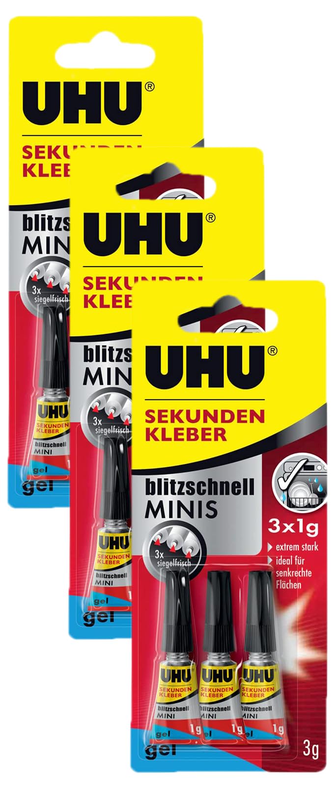 UHU Sekundenkleber blitzschnell Minis gel, 3x original versiegelte Tuben Sekundenkleber gel, 3 x 1 g (Packung mit 3)