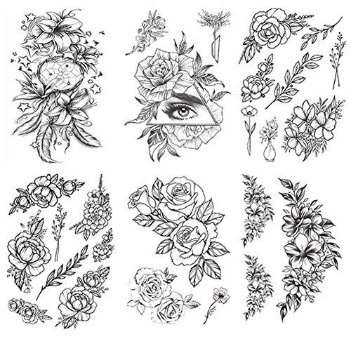 Realistic Flower Temporary Tattoos for Women Men Black Floral Rose Tattoo Large Sexy