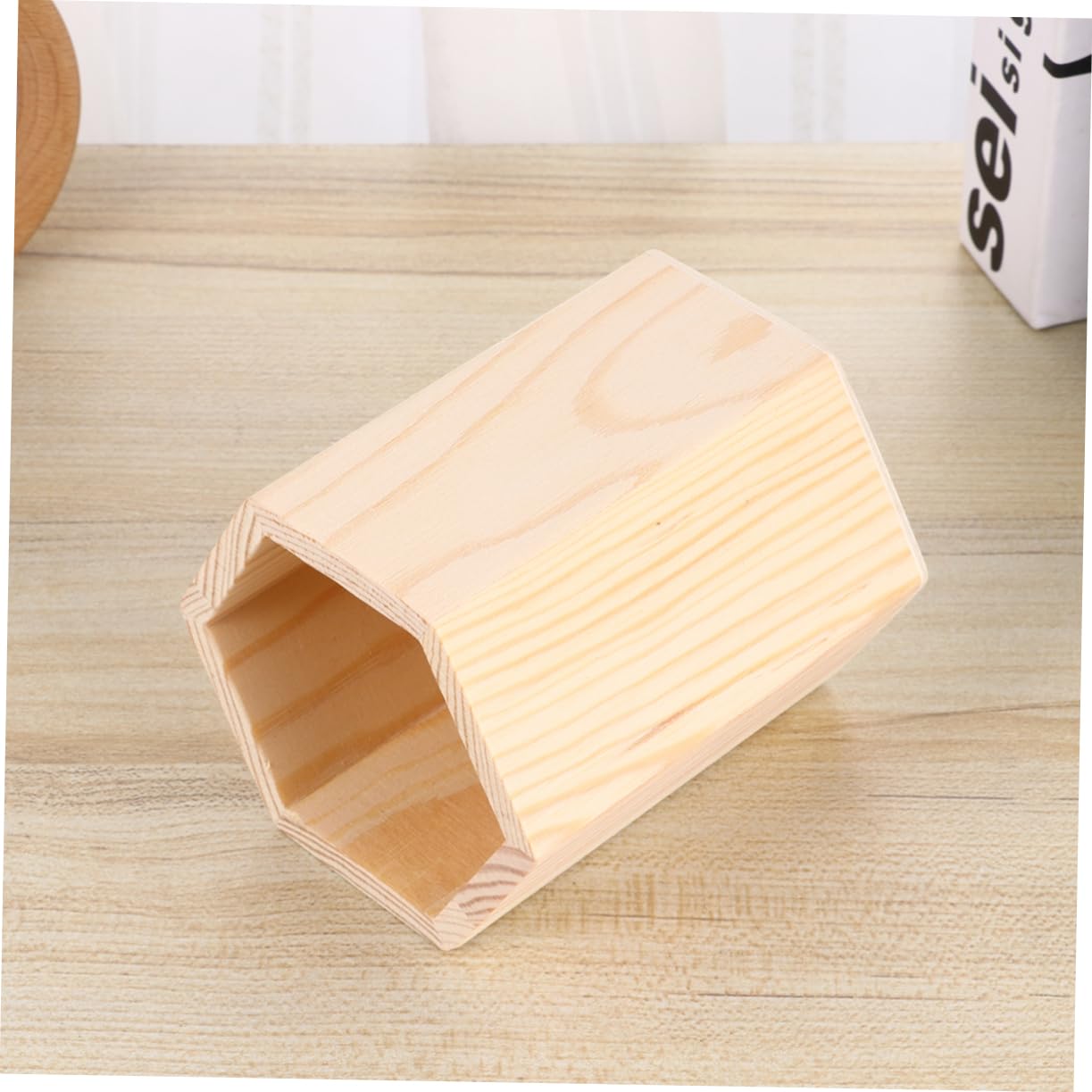 Mikinona 2Pcs Hexagon Wooden Pen Holder Unfinished Solid Color Desk Organizer for Home Office Diy Graffiti Pencil Storage Container Solid Pot for Stationery and Art Supplies - Image 2