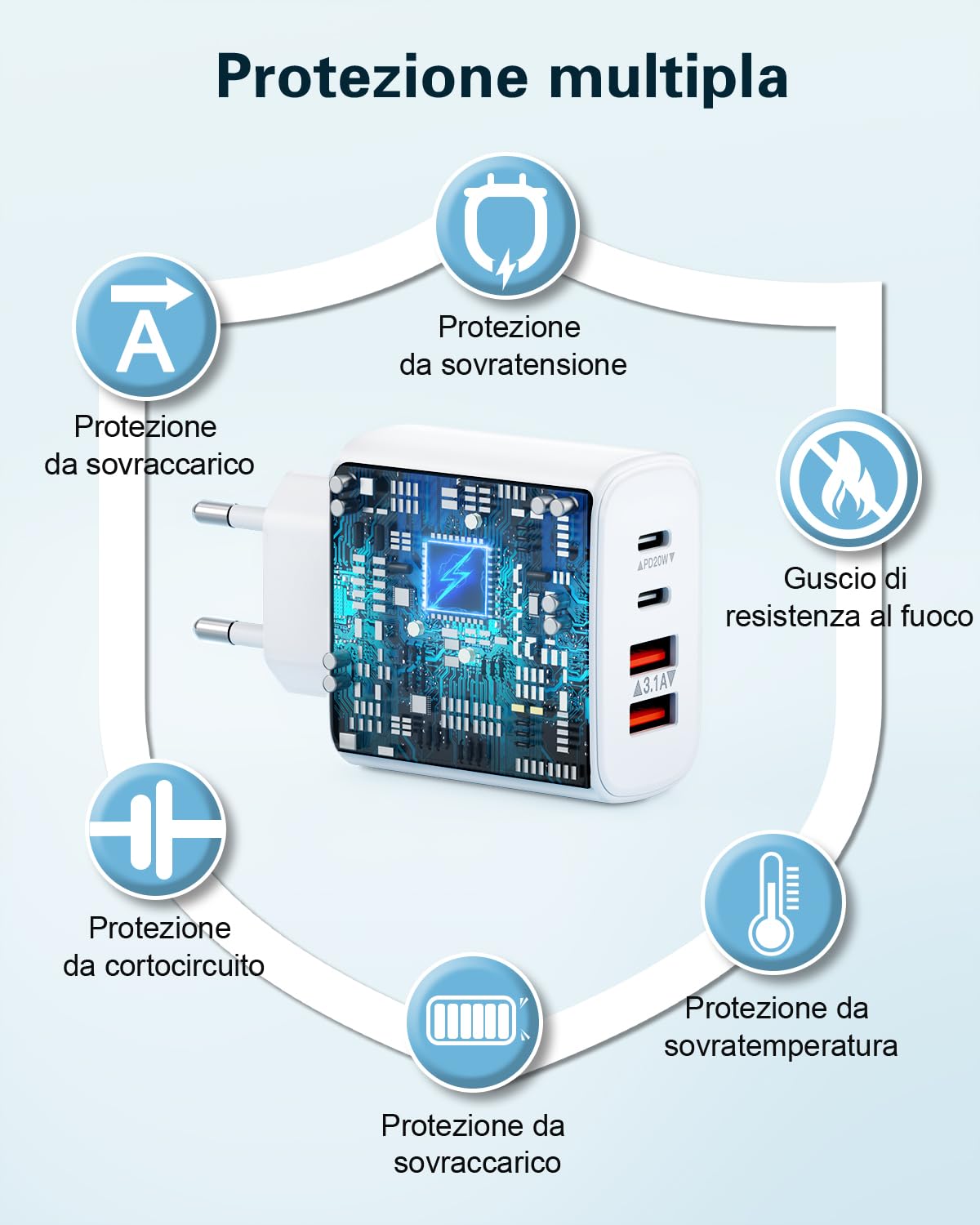 Caricatore USB C, 40W 4-Porto Rapido Presa USB Multipla PD+QC 3.0 Carica Cellulare, Spina Alimentatore USBC Caricabatterie per iPhone 16 15 14 13 12 11 Pro Max Plus, Samsung, Spinotto USB Adattatore