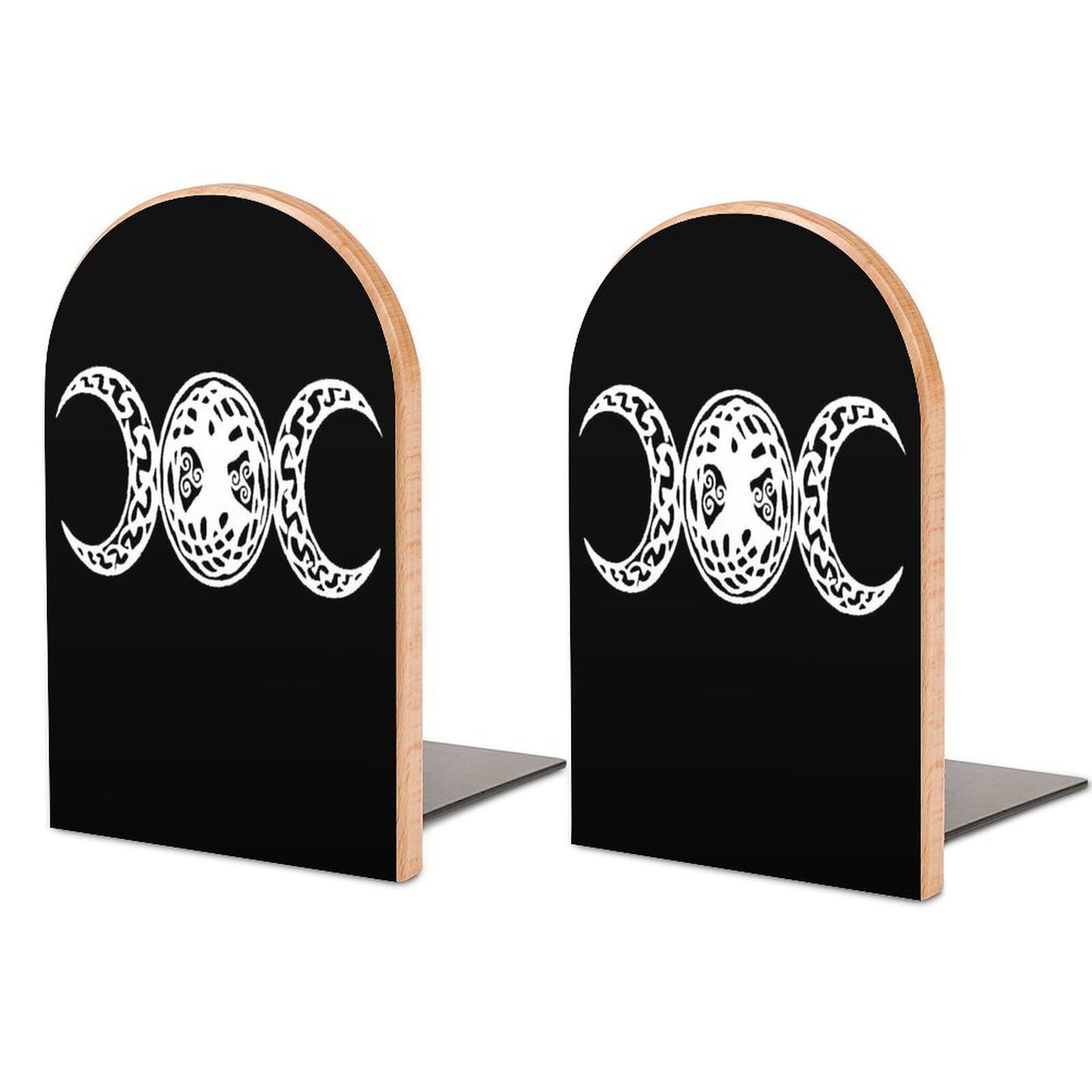 Triple Moon Pentacle-1 Beech Wood Bookends Heavy Duty Book Organizers Desktop File Holder for Office Home Bookshelf