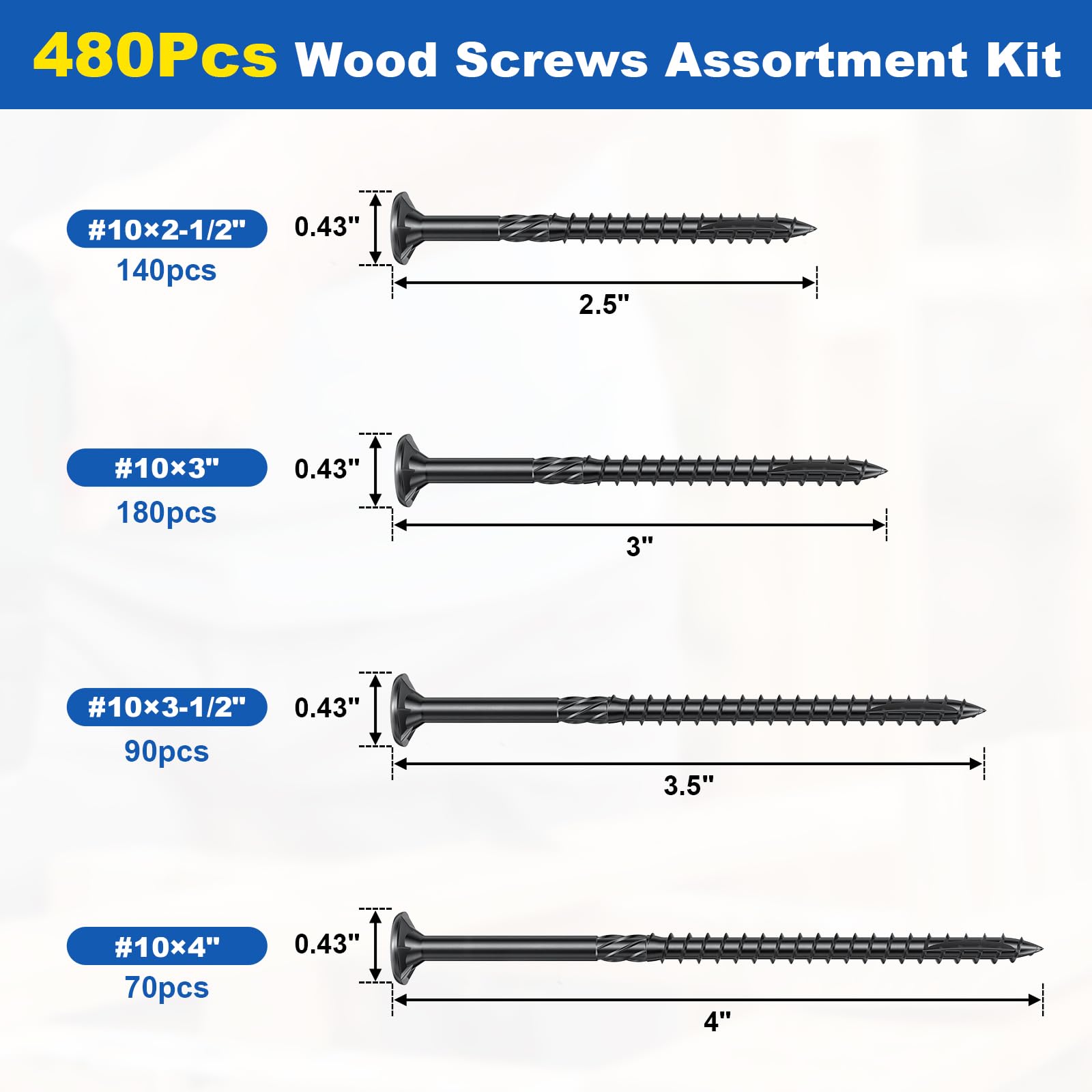 480 Stück Deckschrauben, #10 Holzschrauben-Sortiment-Set, 4 Größen, sortiert, rostbeständige Torx-Schrauben mit Flachkopf, schwarzes Schraubenset für Holzbearbeitungsprojekte, Stern-Bit im