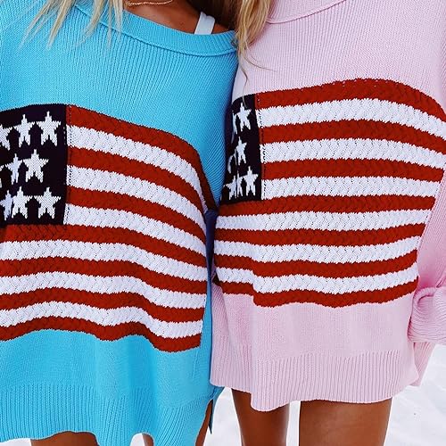 Image of KMBANGI Women American Flag Sweater Graphic Loose Vintage Long Sleeve Crewneck Knitted Jumper Top Patriotic Pullover