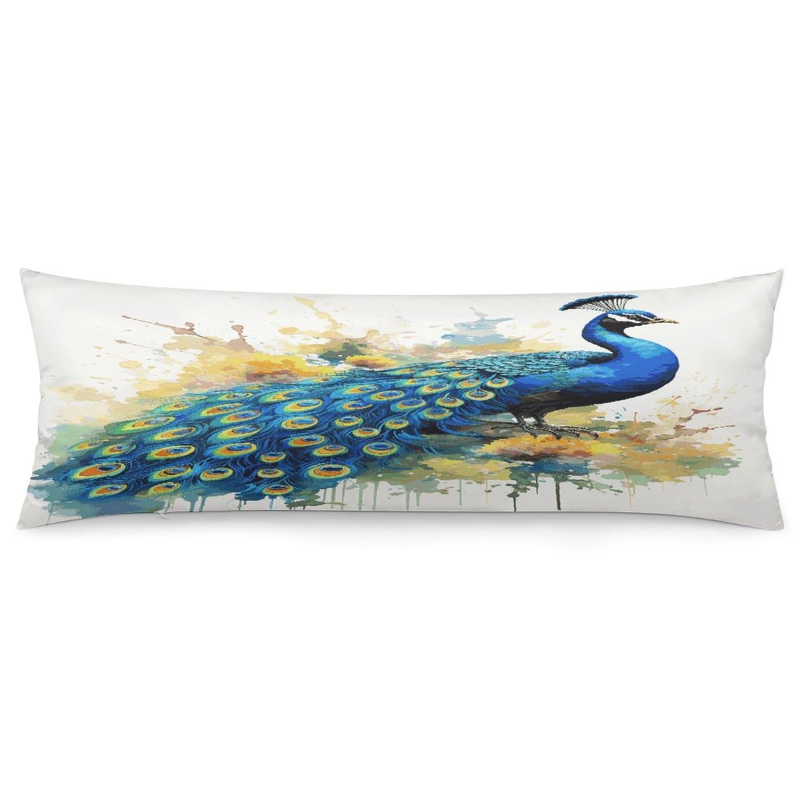 Peacock Watercolor Painting Body Pillow Cover Luxury Long Body Pillow Pillowcase with Hidden Zipper Breathable Soft Cozy Pillow Case Wrinkle Fade Resistant Pillowcase 20''×54''