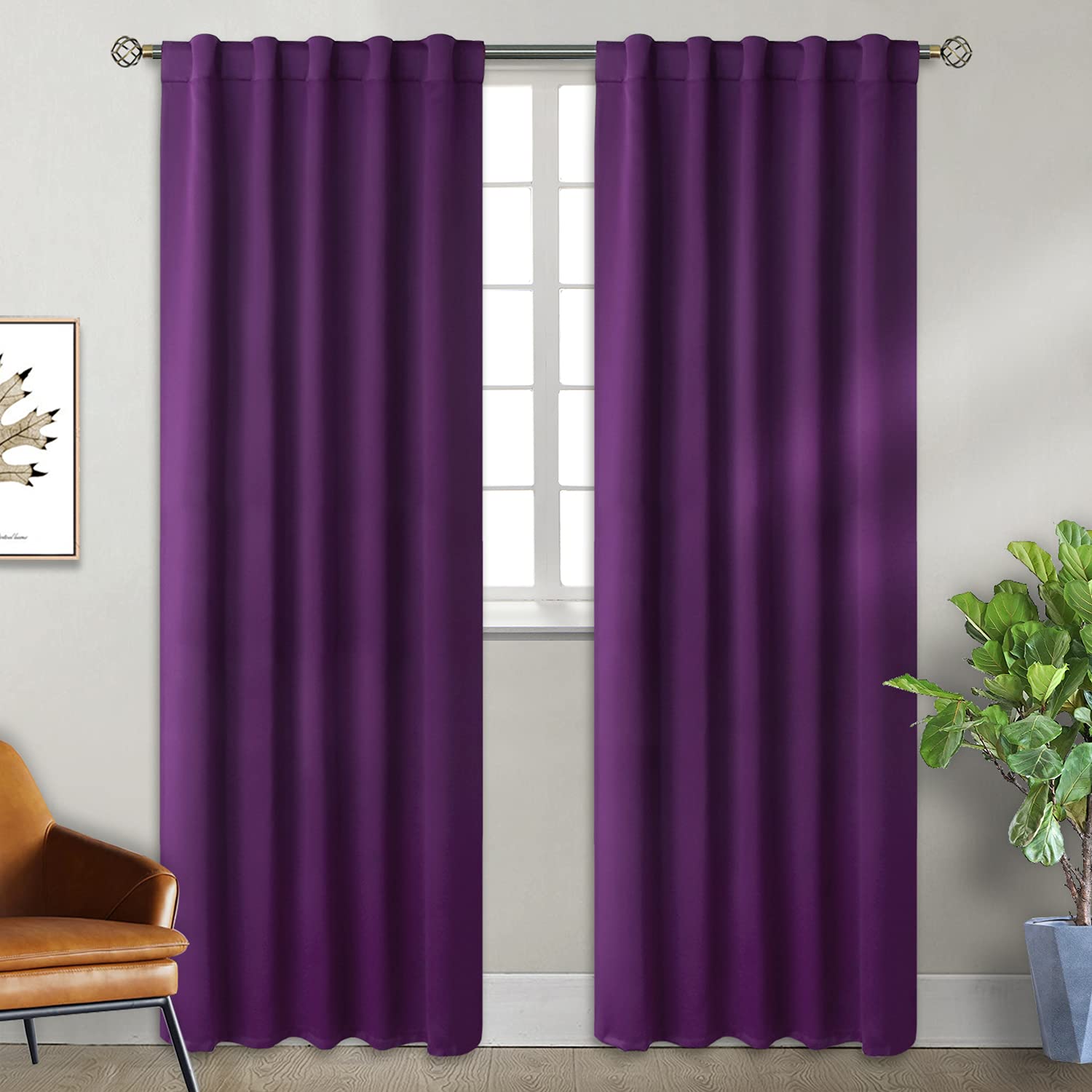 BGment Rod Pocket and Back Tab Blackout Curtains for Bedroom - 42 x 84 inch Thermal Insulated Room Darkening Curtains for Living Room, 2 Window Curtain Panels, Purple