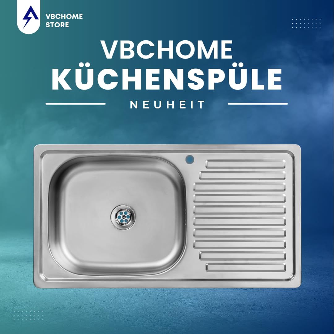 VBChome Edelstahlspüle mit Armatur 75x40x14 cm Edelstahl Glatt Küchenspüle mit Hahnloch Spüle Rechtsseitig Pflegeleichte Abtropffläche Camping Ablaufgarnitur Siphon Rechtsseitig Spül mit Armatur Inox