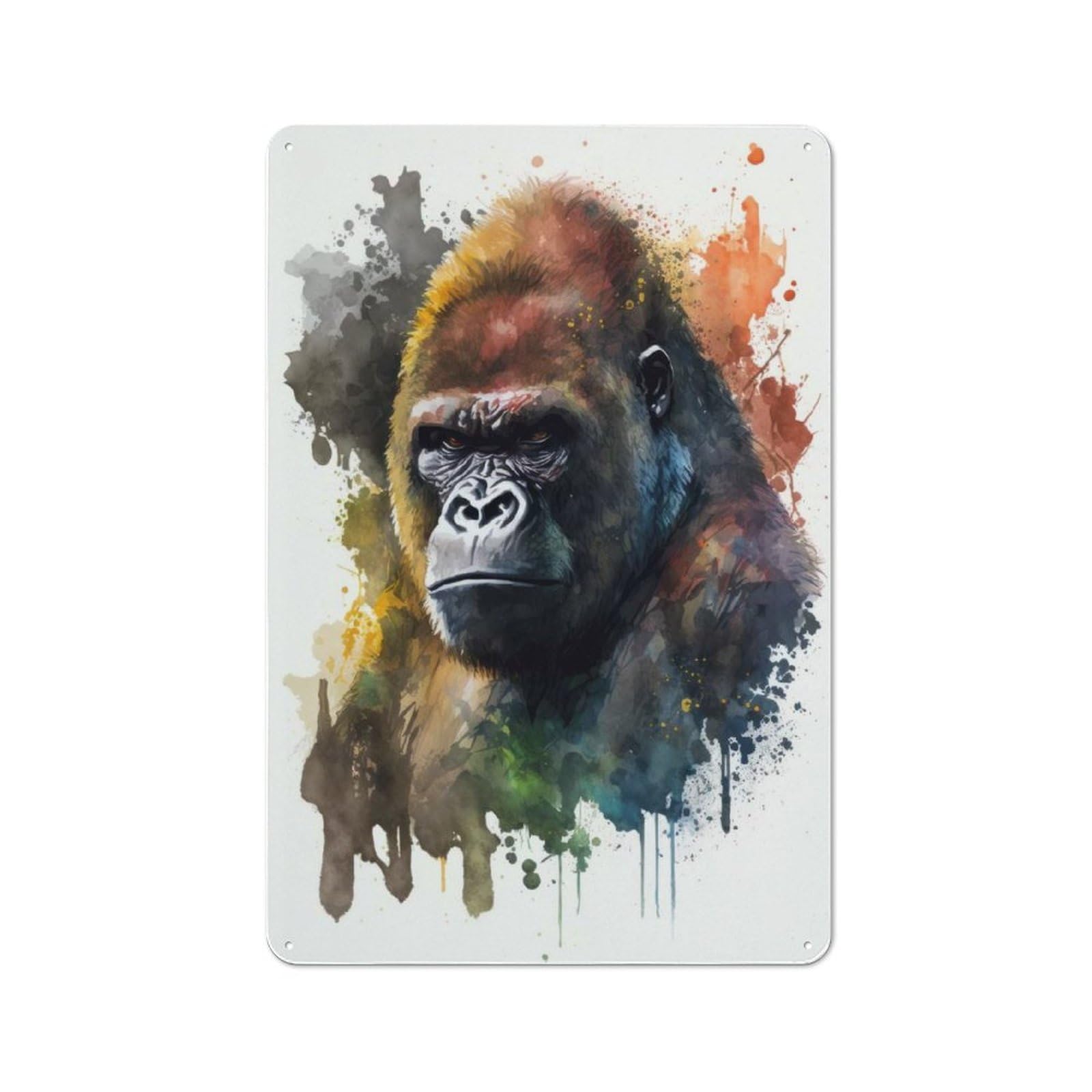 Gorilla Watercolor Retro Metal Plaque 30x20cm for Lounge Or Reading Corner, for Vintage Wall Decor Fans, for Themed Room Decoration