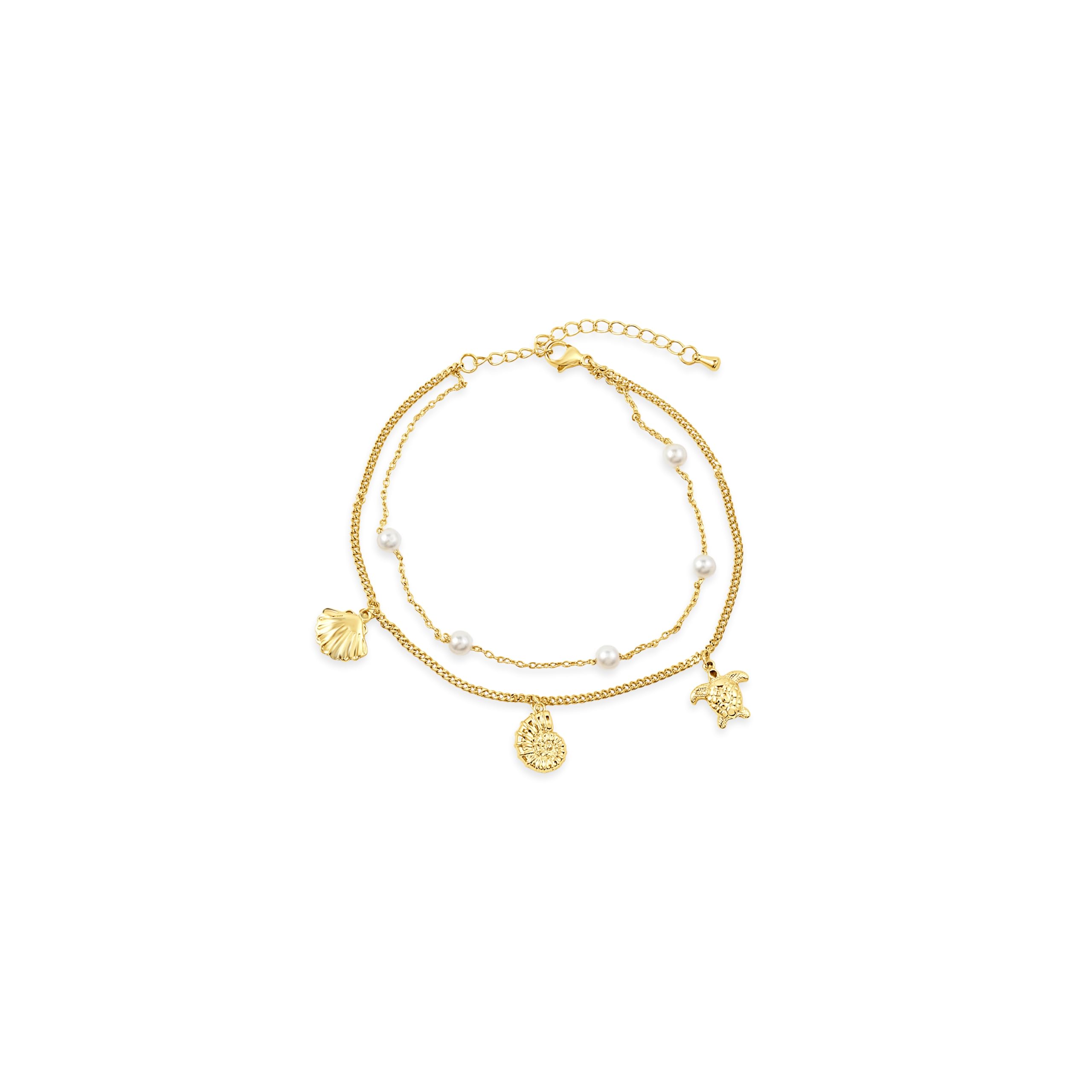 Designer Gold Tone Double Layer Brass Anklet for Women, Ocean Theme Pearl Beaded Dual Strand Payal with Sea Turtle & Shell Charms, Adjustable Lightweight Boho Foot Bracelet for Beach Wear, Vacation, Party & Daily Styling, Hypoallergenic Fashion Foot Jewellery for Girls & Ladies-image-12