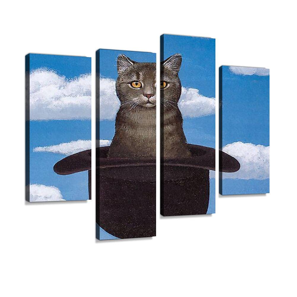 Canvas Print Artwork Rene Magritte Cat in the Hat Poster Wall Art Pictures Framed Digital Print Abstract Painting Room Home Office Decor Ready to Hang - 4 Panel