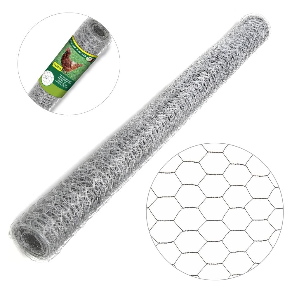 TERRE JARDIN - Grillage a Poule, 1 x 10 m - Grillage Poulailler, Mailles Hexagonal en Acier Renforcé de Ø 0,7 mm, 4 x 2,5 cm - Cloture pour Poule, Résistante aux Intempéries - Élevage Volaille