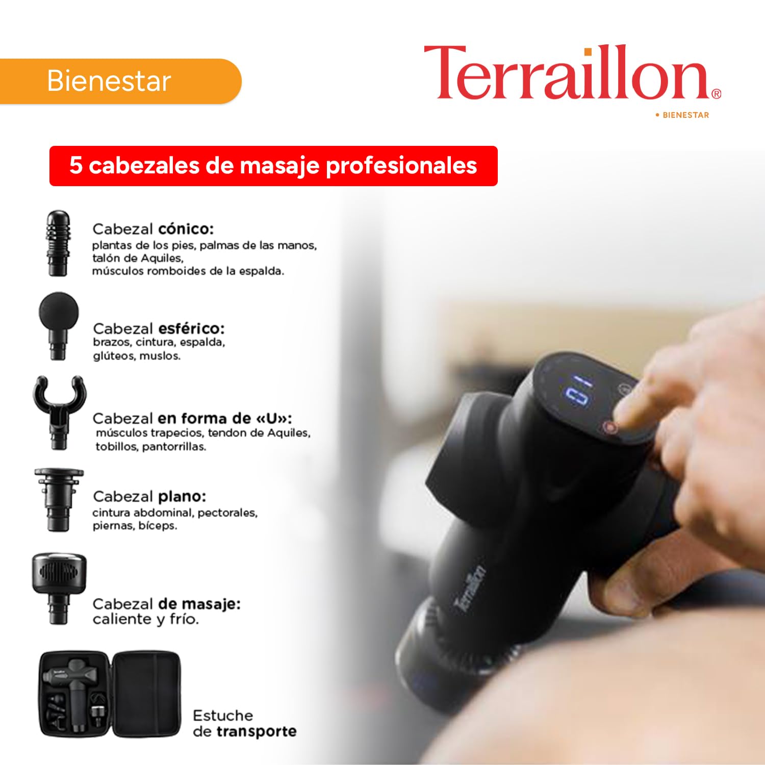 TERRAILLON GUN MASSAGER EXPERT - Pistola de masaje multizonas, 20 velocidades 2800-3200 RPM, pantalla digital, temporizador integrado, 5 puntas de silicona, 1 caliente-frío, USB-C, funda incluida