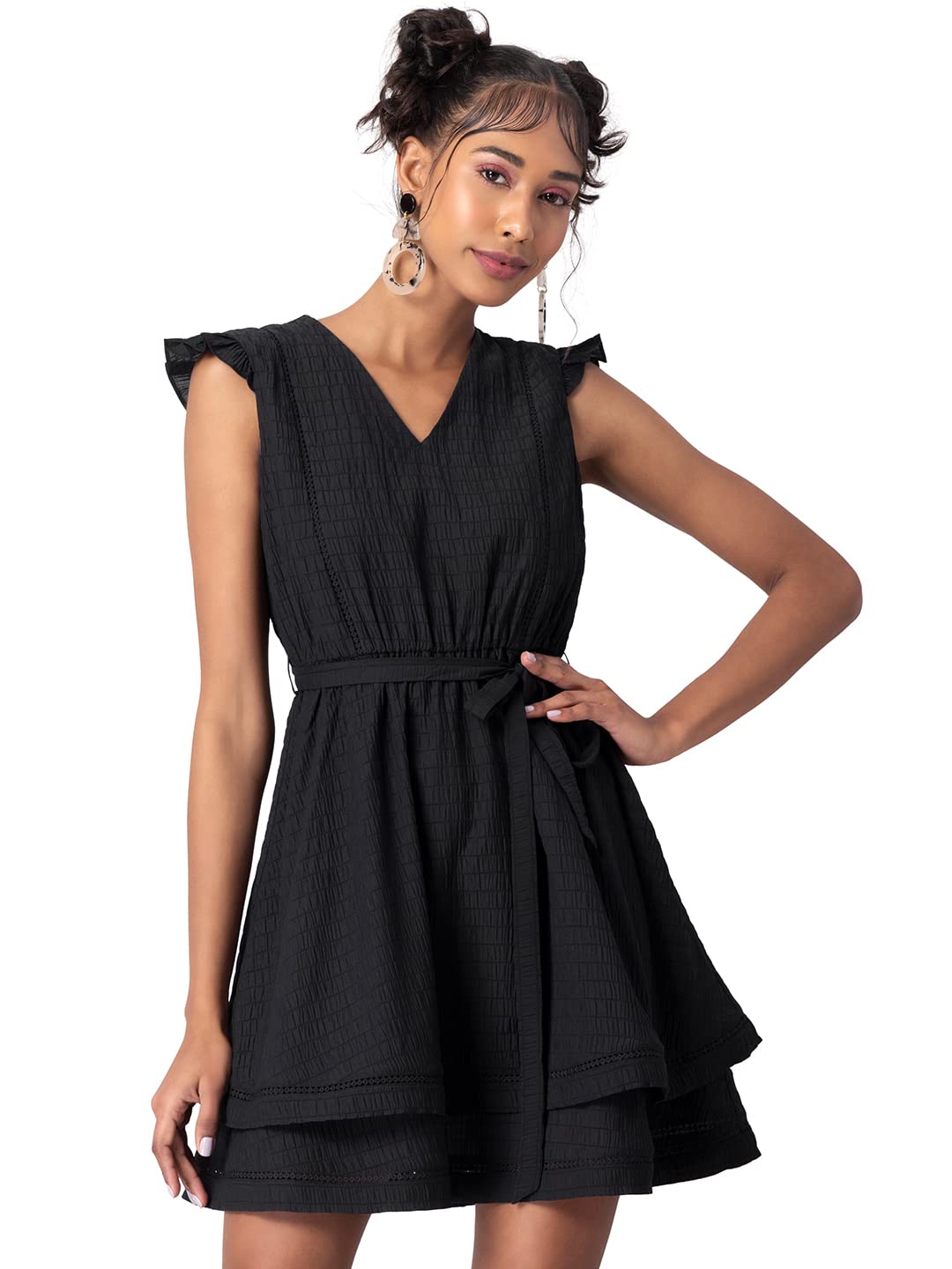 FabAlley Women Black Trim Layered Belted Skater Dress