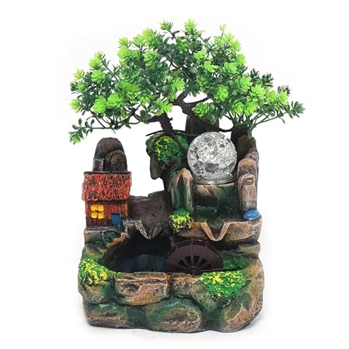 Fuente de mesa Zen con luz LED, efecto cascada, niebla y bola de cristal giratoria, fuente de resina con árbol y paisaje de piedra, decoración Feng Shui para relajación e idea de regalo, altura 20 cm