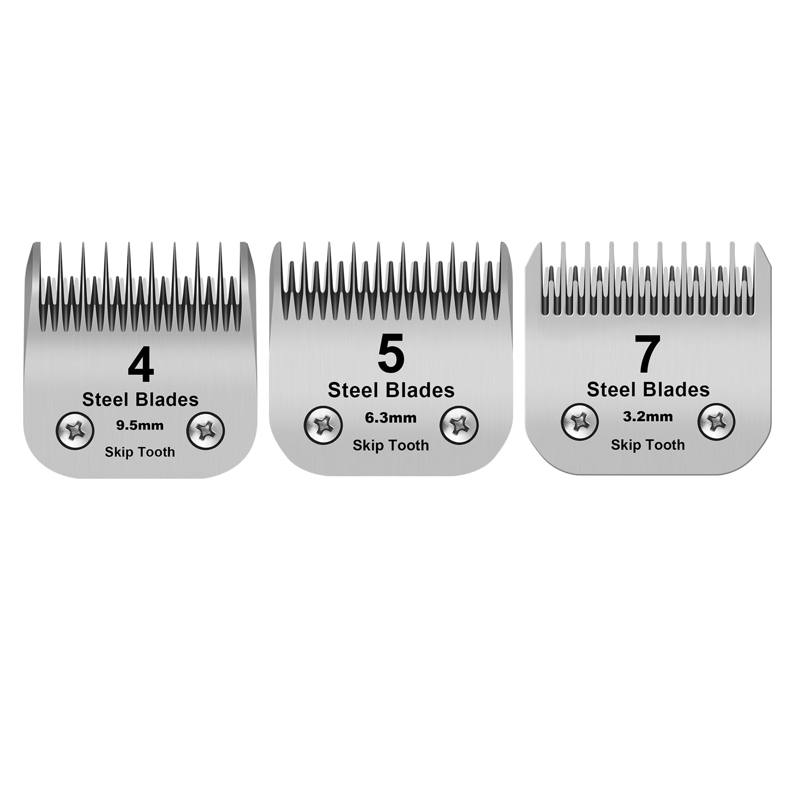 7+5+4 Skip tooth Detachable Pet Dog Grooming Steel Blades Set,Compatible with Andis,Oster A5,Wahl KM10 Series Clippers,Cut Length 1/8"(3.2mm) to 3/8”(