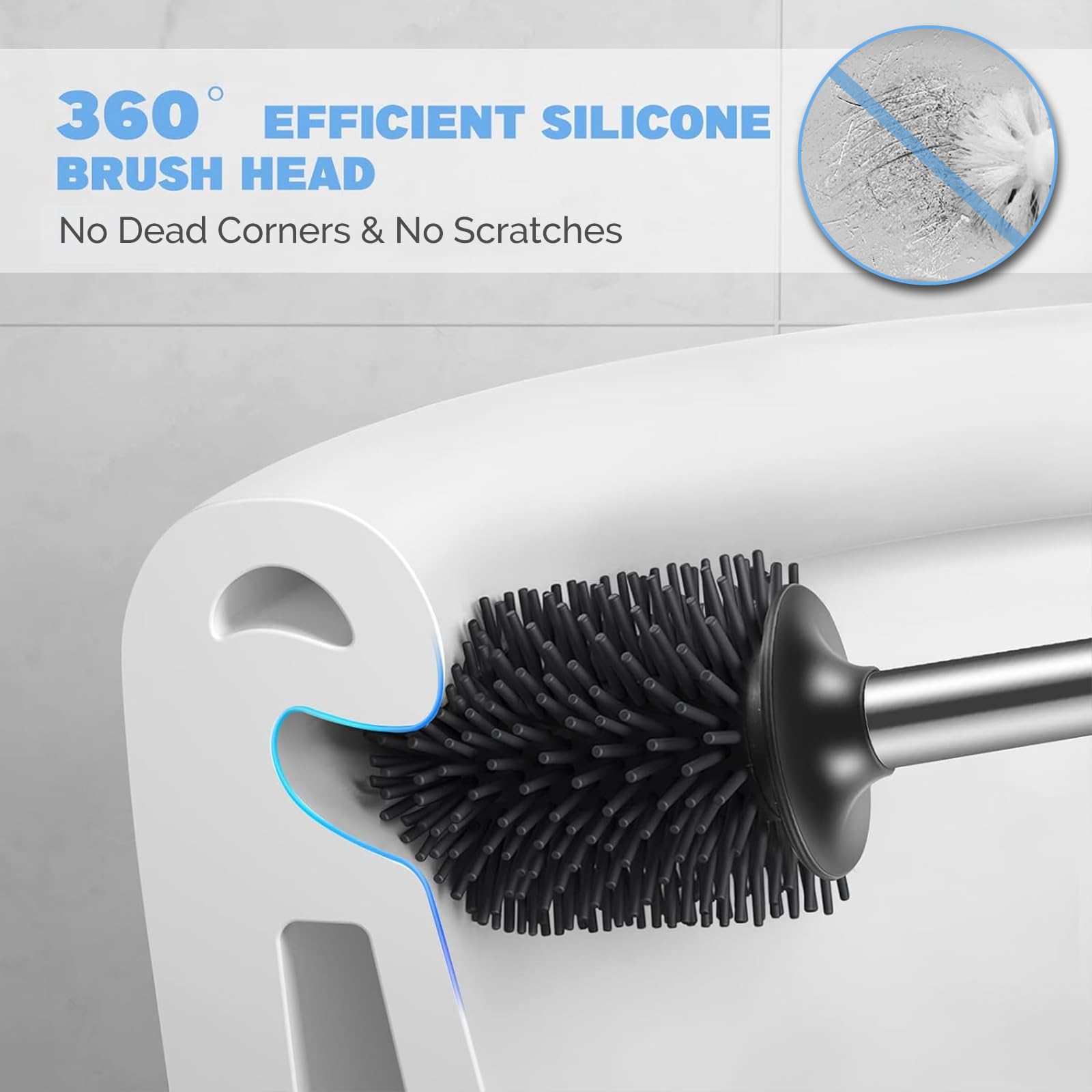 HAMITOR Juego de 2 soportes para escobilla de inodoro de silicona de acero inoxidable para limpieza profunda, para baño, accesorios compactos y modernos con organizador