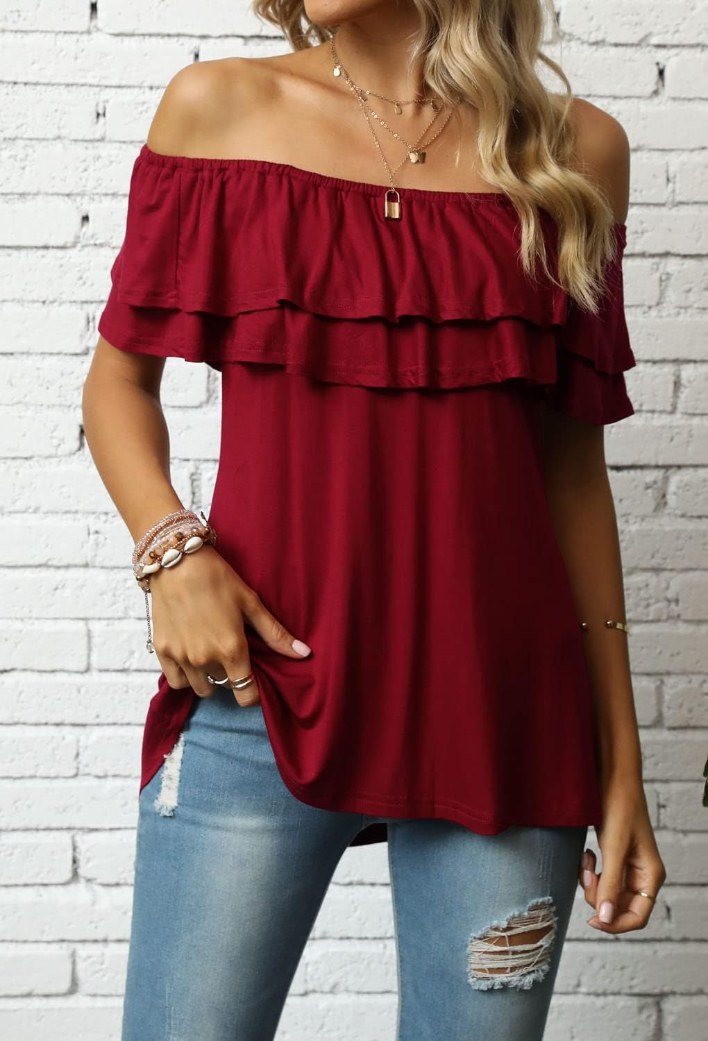 KEEDONE Women's Casual Off Shoulder Ruffle Tops Short Sleeve T Shirts Loose Summer Blouses Shirt - Image 3