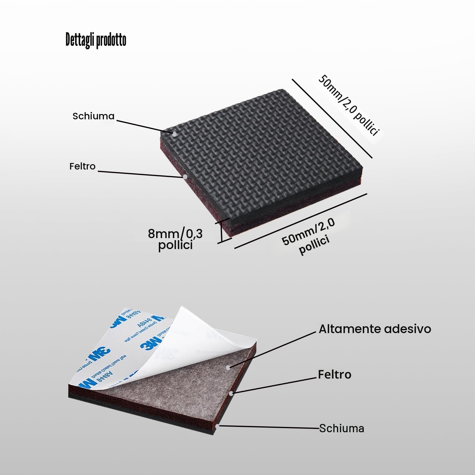 Piedini Antiscivolo Gomma, 12pz 50mm Autoadesivi Tampone per Mobili - Quadrati Feltrini di Gomma Adesivi Gommini per Sedie per Fissaggio dei Mobili e Proteggere del Pavimento