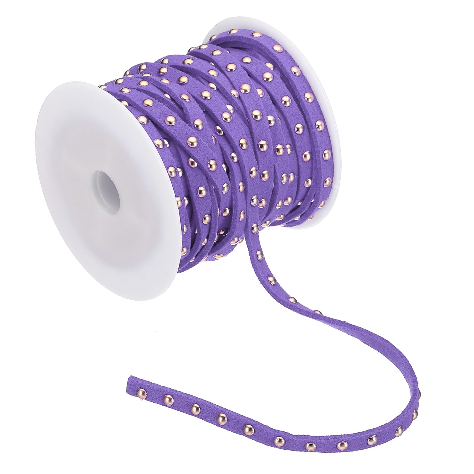 PATIKIL 16.4ft Studded Faux Suede Cord Rope for Jewelry Making, 5mm Micro Fibre Flat Leather Lace Beading String Ribbon with Rivets, Purple Golden