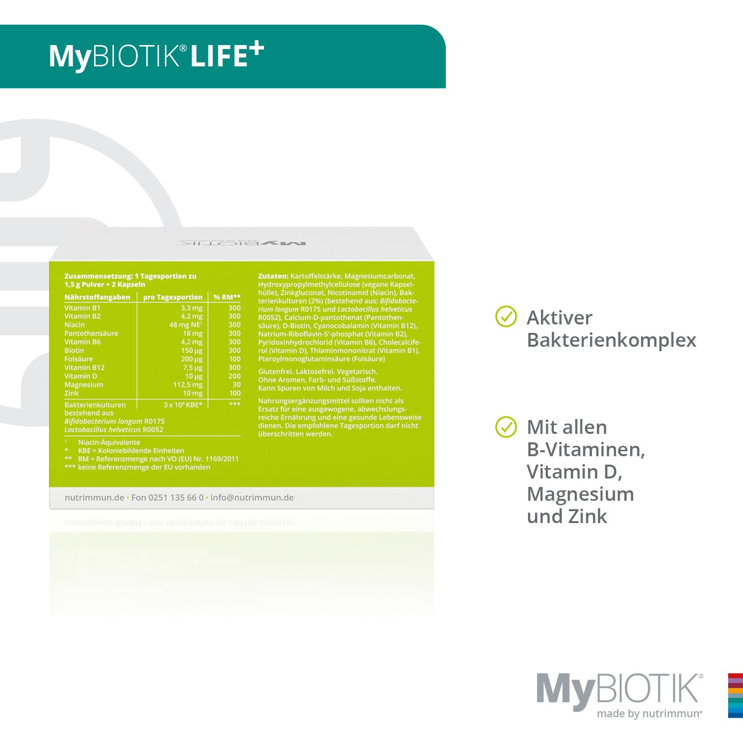 MyBIOTIK®LIFE+ I nutrimmun I 30 Tage I Bakterienkulturen B. longum R0175+L. helveticus R0052 I B-Vit. I Vit. D I Magnesium I Zink I Pulver+Kaps. I Vegetarisch I Glutenfrei I Laktosefrei I Laborgeprüft